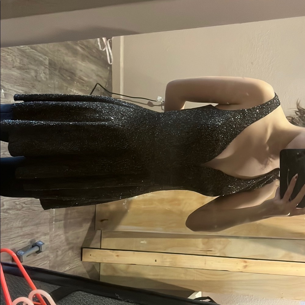 Crystal Doll Black Sparkly Sheath Mini Dress V Neck Sleeveless